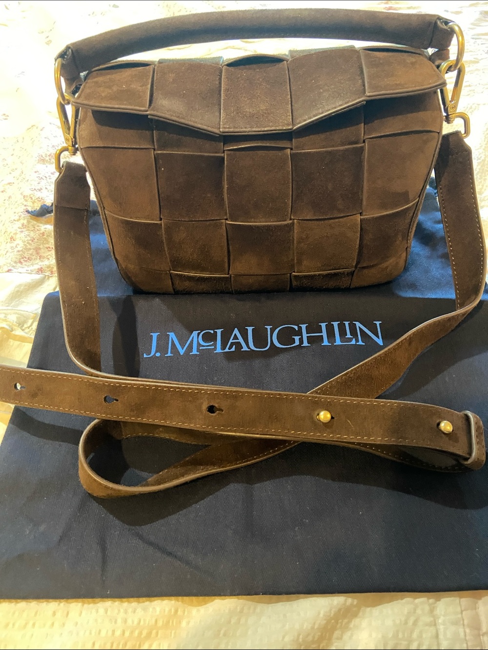 The Authentic J. McLaughlin Una Woven Suede Crossbody Bag in Dark Brown